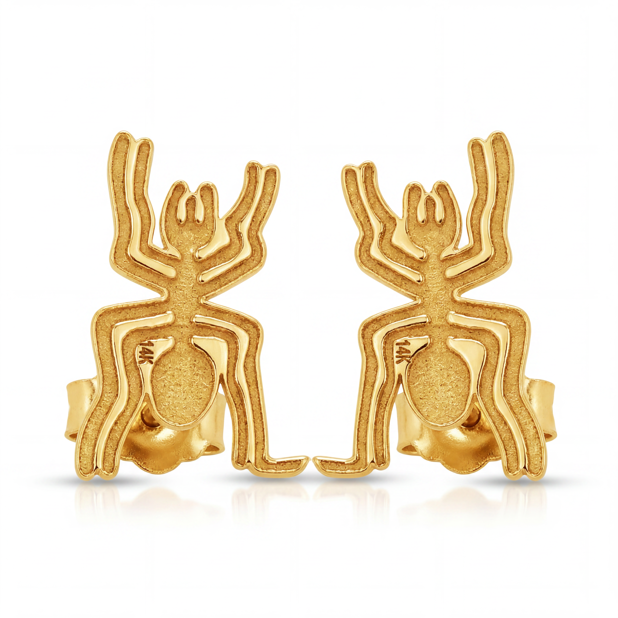 14K Solid Yellow Gold Nazca Spider Stud Earrings Ancient Peru Geoglyph Lines Archaeology Fine Jewelry Meaningful Gift