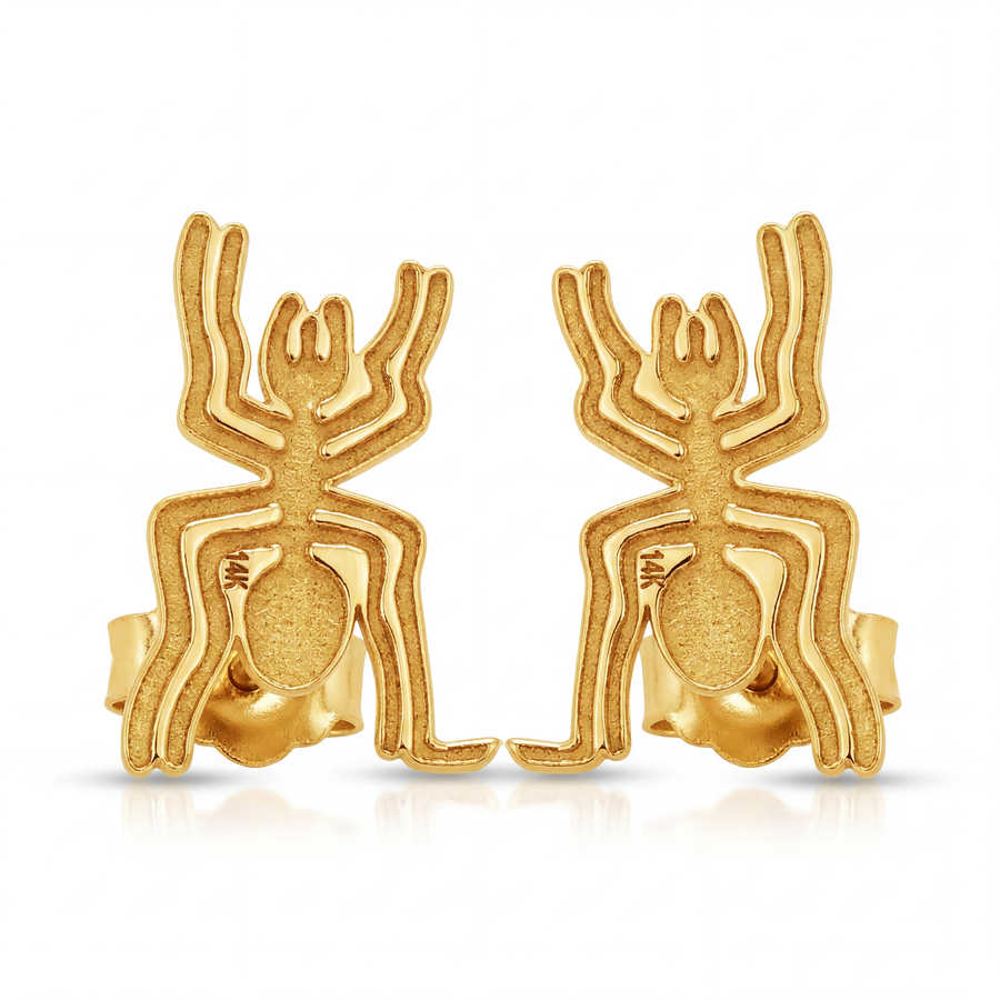 14K Solid Yellow Gold Nazca Spider Stud Earrings Ancient Peru Geoglyph Lines Archaeology Fine Jewelry Meaningful Gift