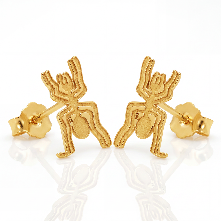 14K Solid Yellow Gold Nazca Spider Stud Earrings Ancient Peru Geoglyph Lines Archaeology Fine Jewelry Meaningful Gift