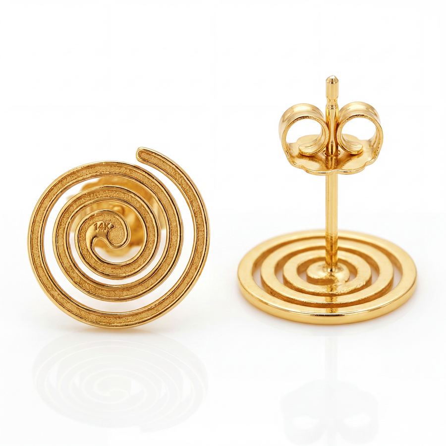 14K Solid Yellow Gold Nazca Spiral Stud Earrings Ancient Peru Geoglyph Lines Archaeology Sacred Geometry Fine Jewelry Gift