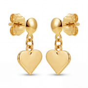 14K Solid Yellow Gold Puffed Heart Dangle Drop Earrings Ball Stud Polished Romantic Fine Jewelry Birthday Anniversary Valentine Gift