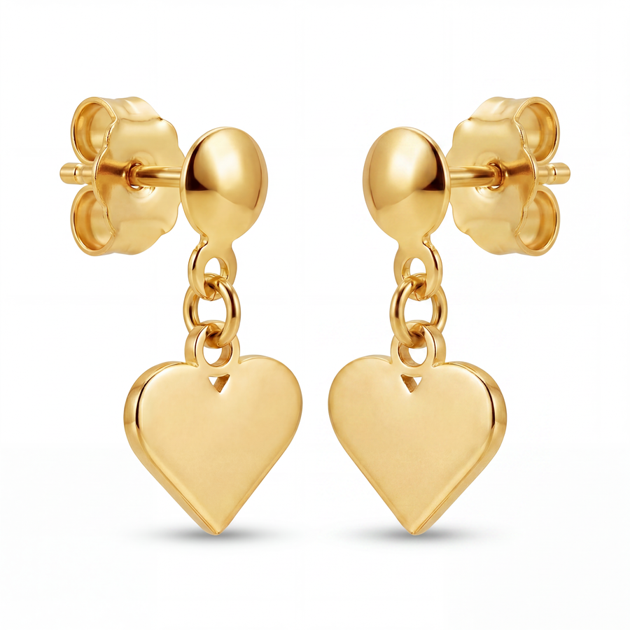 14K Solid Yellow Gold Puffed Heart Dangle Drop Earrings Ball Stud Polished Romantic Fine Jewelry Birthday Anniversary Valentine Gift