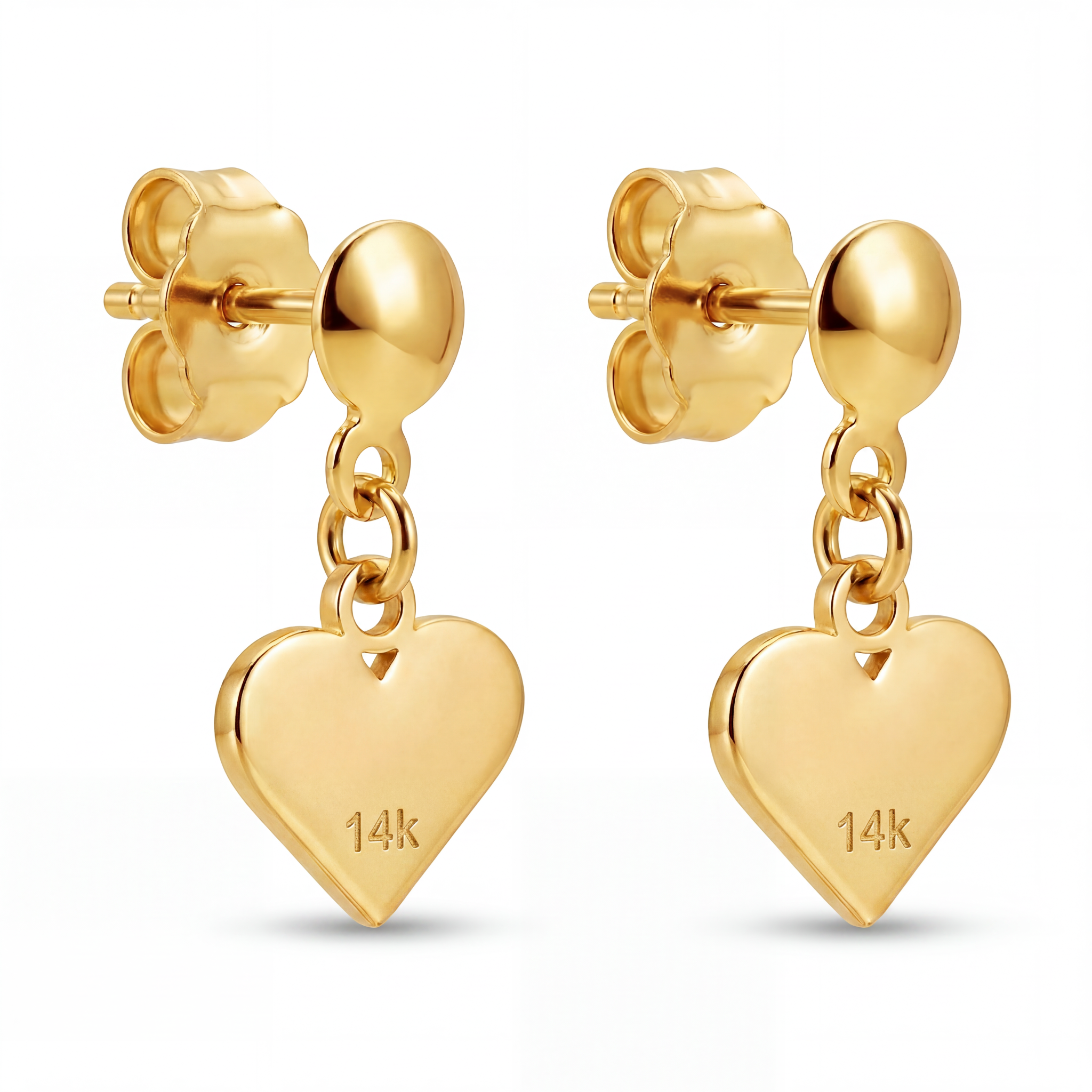 14K Solid Yellow Gold Puffed Heart Dangle Drop Earrings Ball Stud Polished Romantic Fine Jewelry Birthday Anniversary Valentine Gift