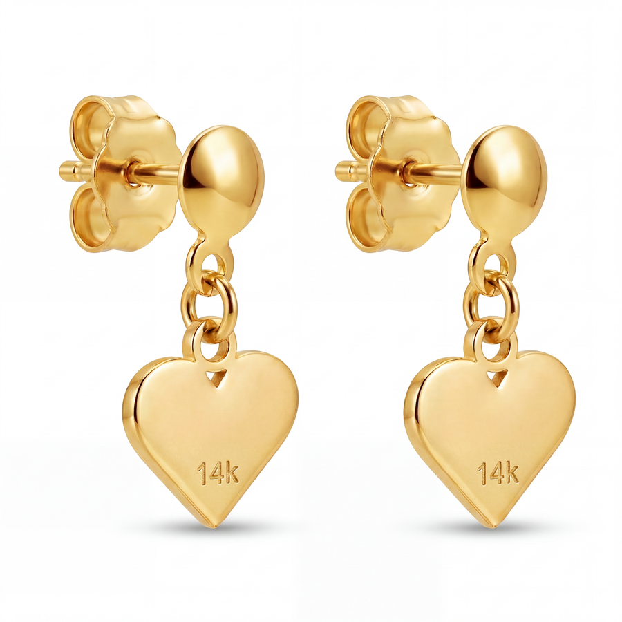 14K Solid Yellow Gold Puffed Heart Dangle Drop Earrings Ball Stud Polished Romantic Fine Jewelry Birthday Anniversary Valentine Gift