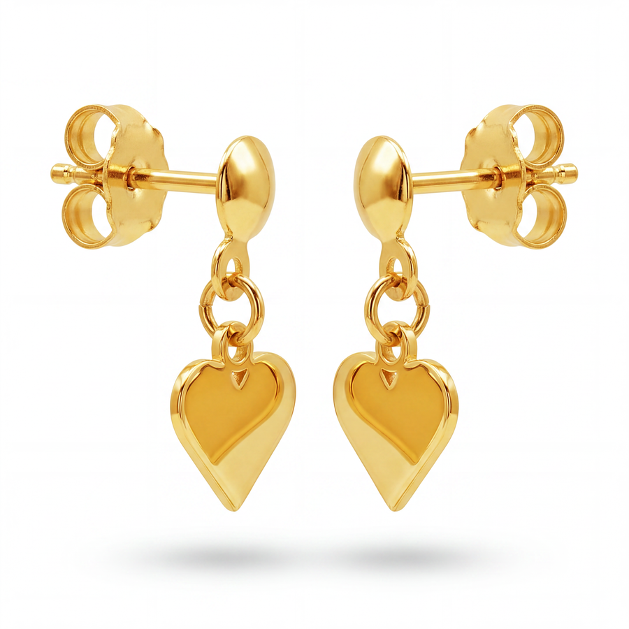14K Solid Yellow Gold Puffed Heart Dangle Drop Earrings Ball Stud Polished Romantic Fine Jewelry Birthday Anniversary Valentine Gift