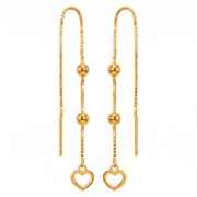 10K Yellow Gold Open Heart Threader Earrings Long Drop Dangle Ball Box Chain Delicate