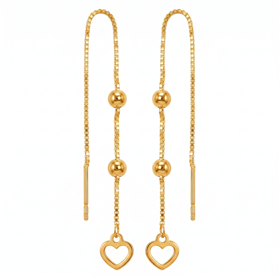 10K Yellow Gold Open Heart Threader Earrings Long Drop Dangle Ball Box Chain Delicate