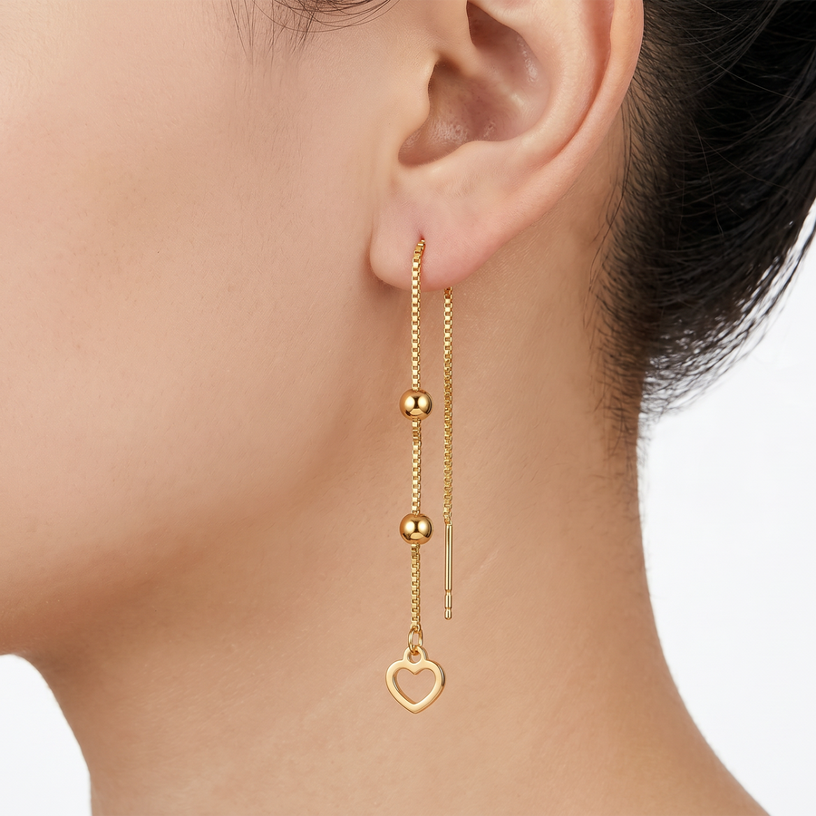 10K Yellow Gold Open Heart Threader Earrings Long Drop Dangle Ball Box Chain Delicate
