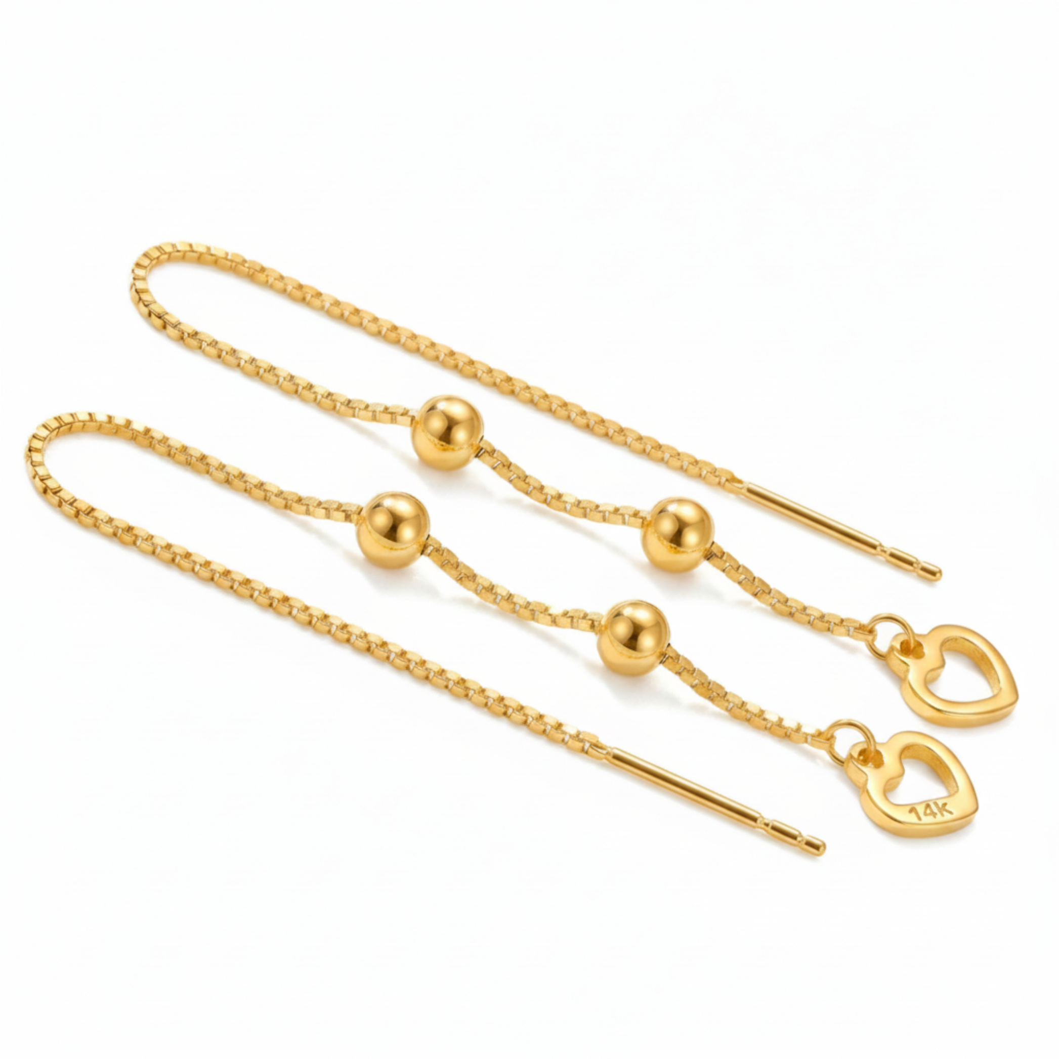 14K Yellow Gold Open Heart Threader Earrings Long Drop Dangle Ball Box Chain Delicate