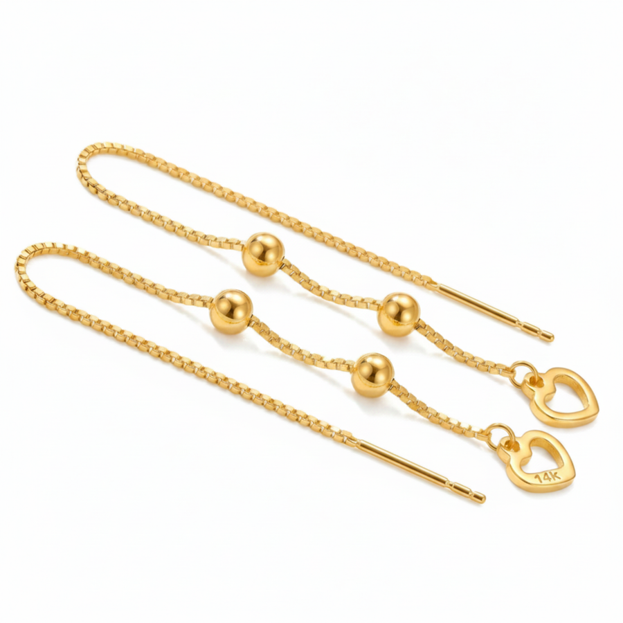 14K Yellow Gold Open Heart Threader Earrings Long Drop Dangle Ball Box Chain Delicate