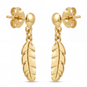 14K Yellow Gold Feather Drop Stud Earrings Nature Inspired Dangle Fine Jewelry Gift