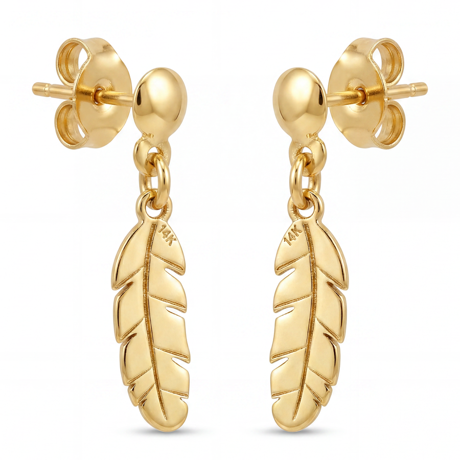 14K Yellow Gold Feather Drop Stud Earrings Nature Inspired Dangle Fine Jewelry Gift