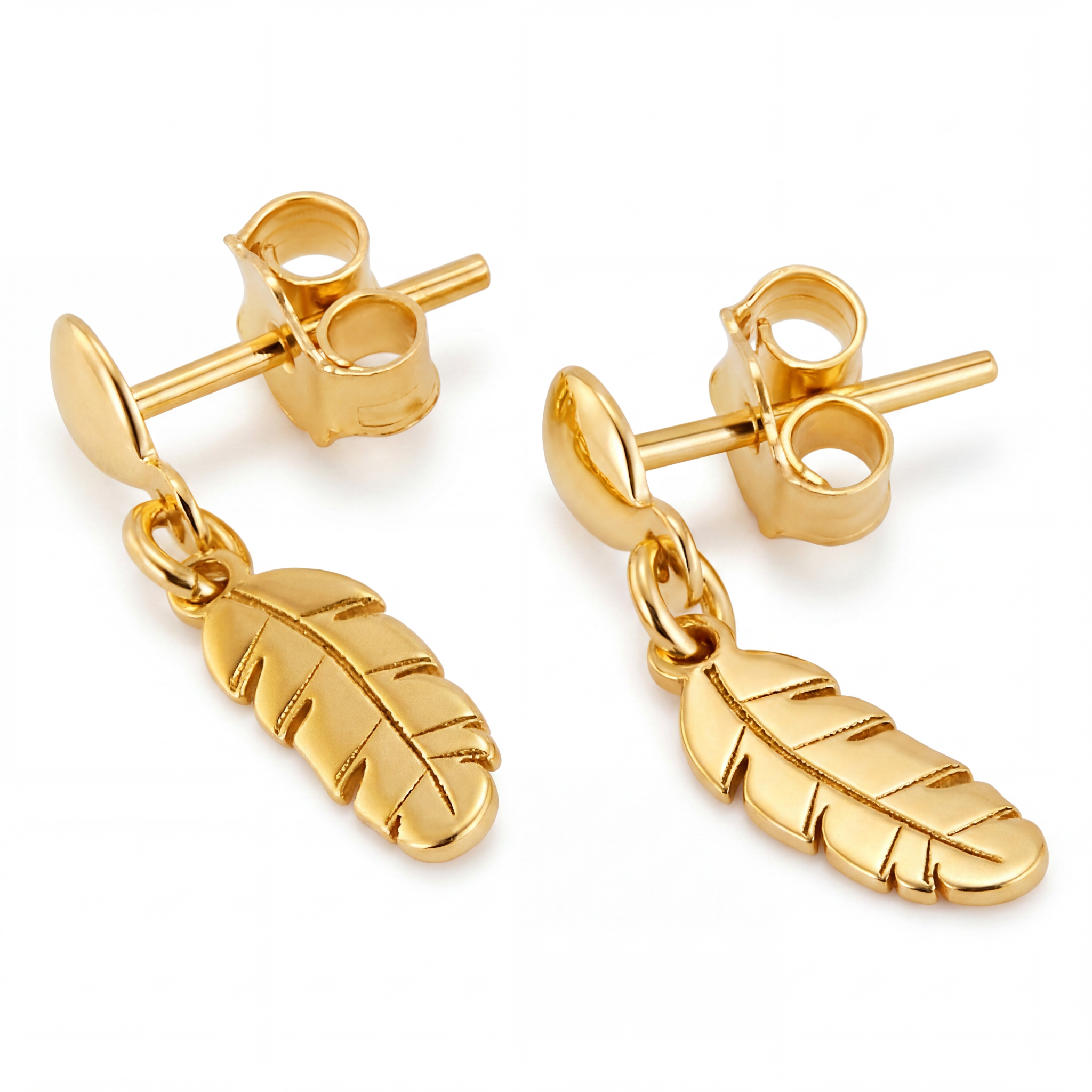 14K Yellow Gold Feather Drop Stud Earrings Nature Inspired Dangle Fine Jewelry Gift