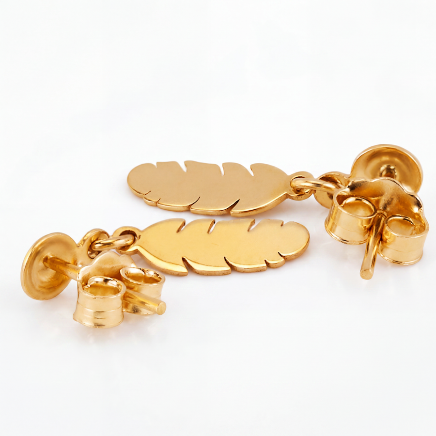 14K Yellow Gold Feather Drop Stud Earrings Nature Inspired Dangle Fine Jewelry Gift