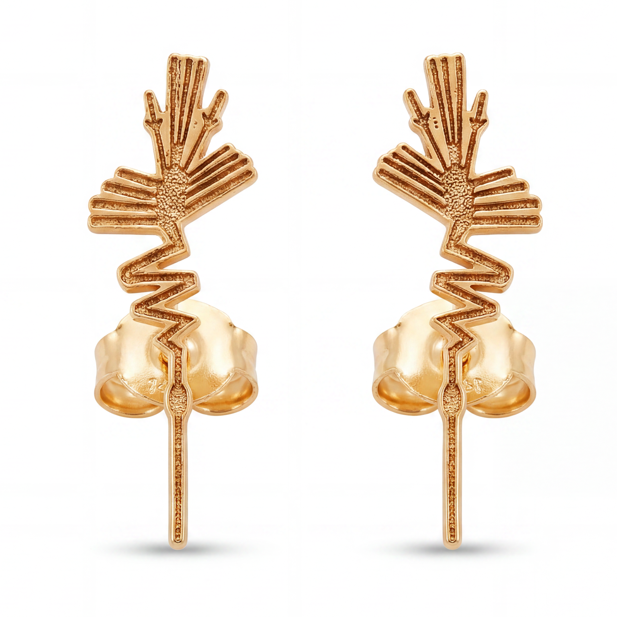 14K Yellow Gold Nazca Lines Hummingbird Stud Earrings Geometric Ancient Symbol Fine Jewelry